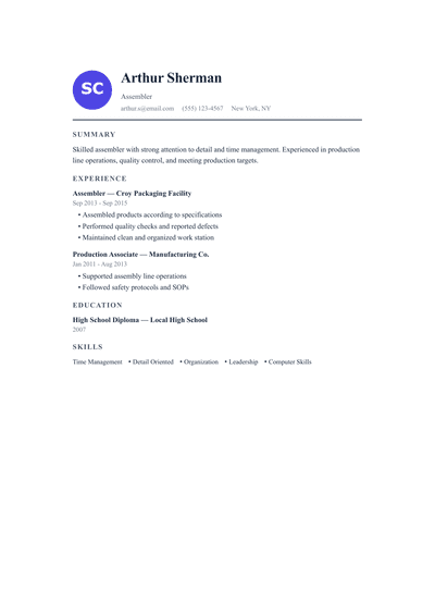 Assembler resume preview