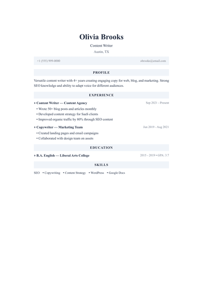 Content Writer resume preview