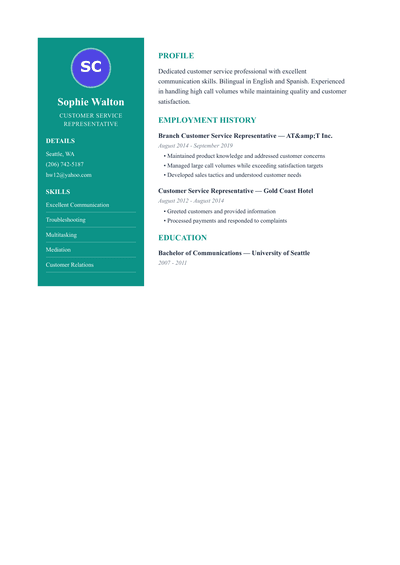 Customer Service Representative resume preview