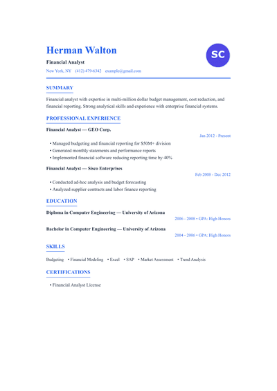 Financial Analyst resume preview