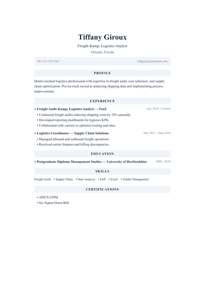 Freight & Logistics Analyst resume preview