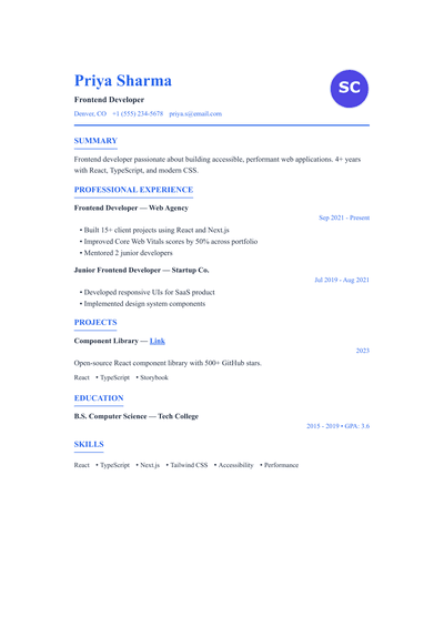 Frontend Developer resume preview