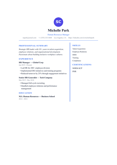 Human Resources Manager resume preview