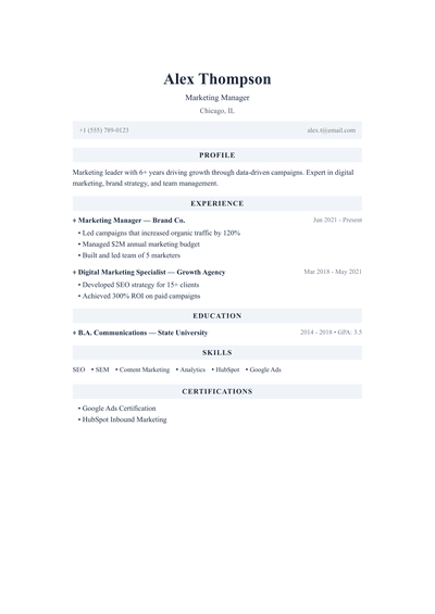 Marketing Manager resume preview