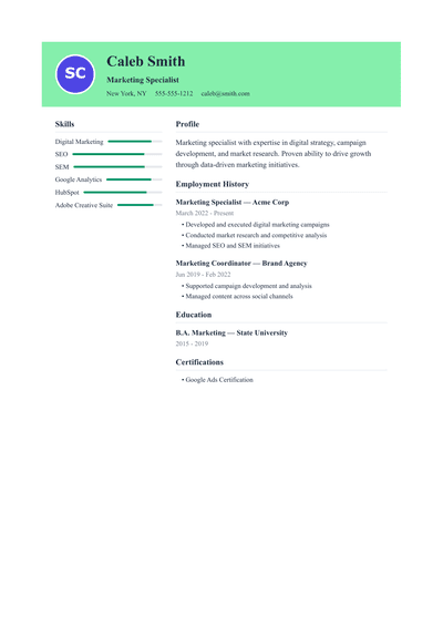 Marketing Specialist resume preview