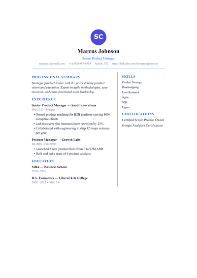 Product Manager resume preview