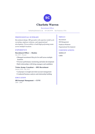 Recruitment Officer resume preview