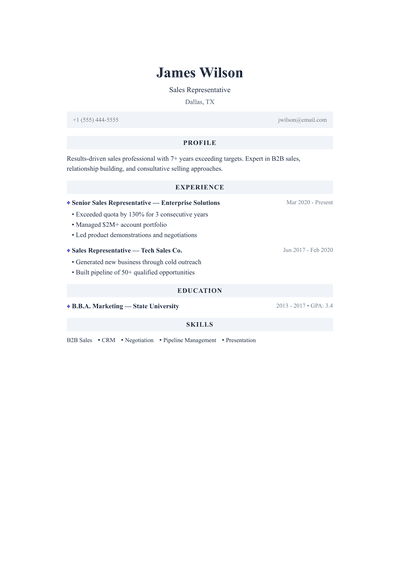 Sales Representative resume preview
