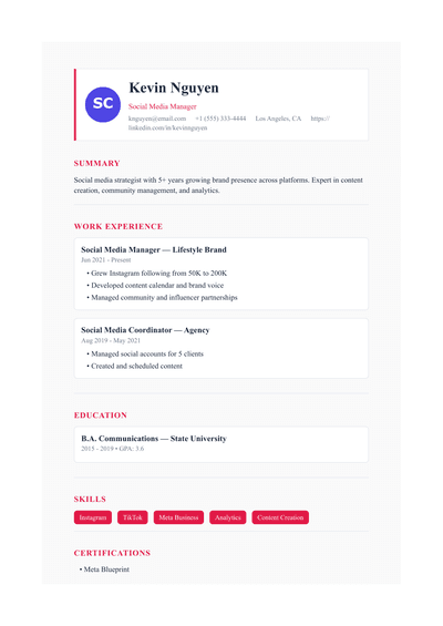 Social Media Manager resume preview