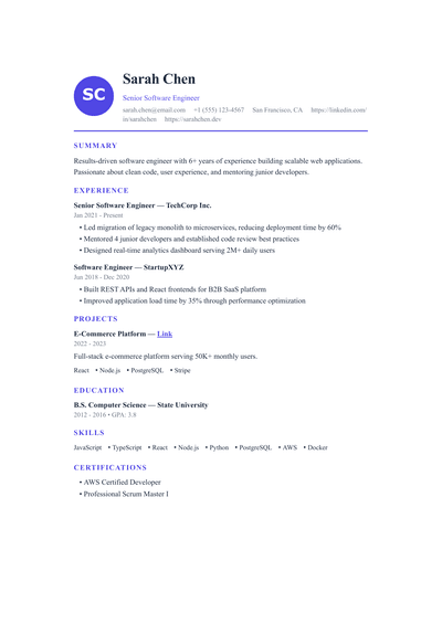 Software Engineer resume preview